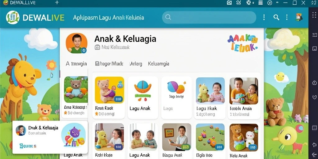 Antarmuka DEWALIVE menampilkan lagu-lagu anak yang ceria dan menarik.