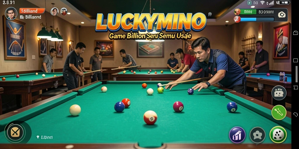 Antarmuka permainan LUCKYMINO menampilkan meja biliar yang menarik.