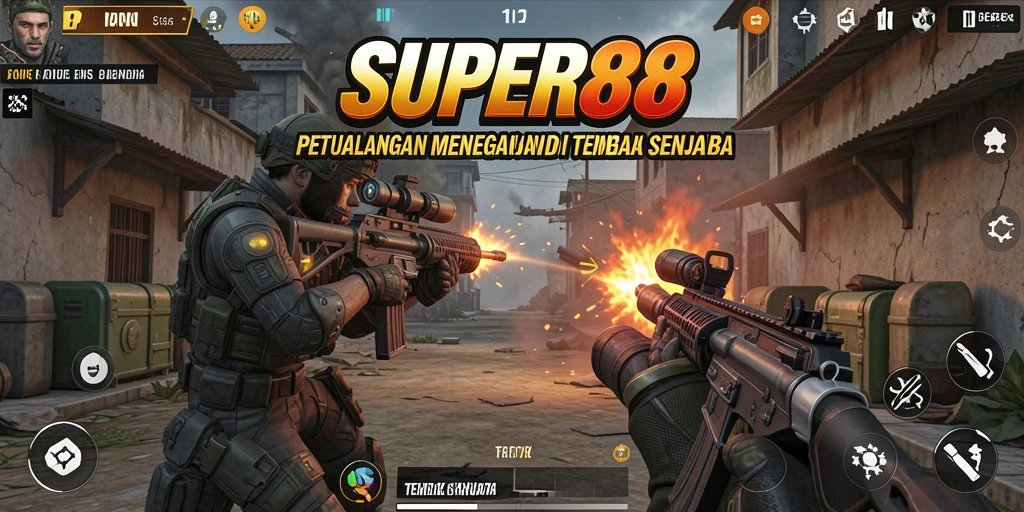 Screenshot utama SUPER88 menampilkan aksi intens dalam permainan Tembak Senjata.